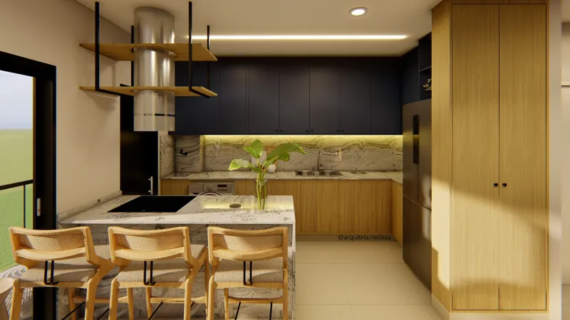 Cozinha de apartamento com ilha em mármore, marcenaria amadeirada e cooktop - design de interiores residencial Melissa Colenghi