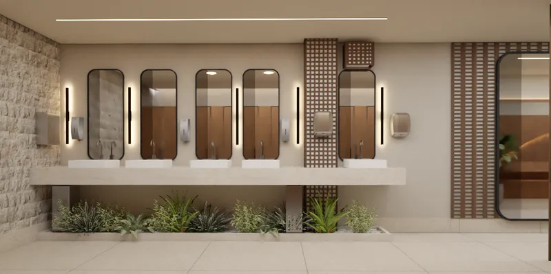 Lavabo coletivo com espelhos individuais, painel perfurado e jardim embutido - Projeto comercial Melissa Colenghi