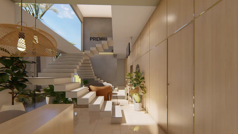 Recepção de clínica de estética com escada escultural e marcenaria amadeirada - Projeto comercial Melissa Colenghi