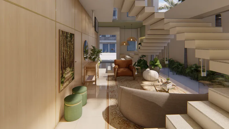 Entrada de clínica de estética Estetic Premium com estar integrado e escada iluminada - Projeto comercial Arquiteta Melissa
