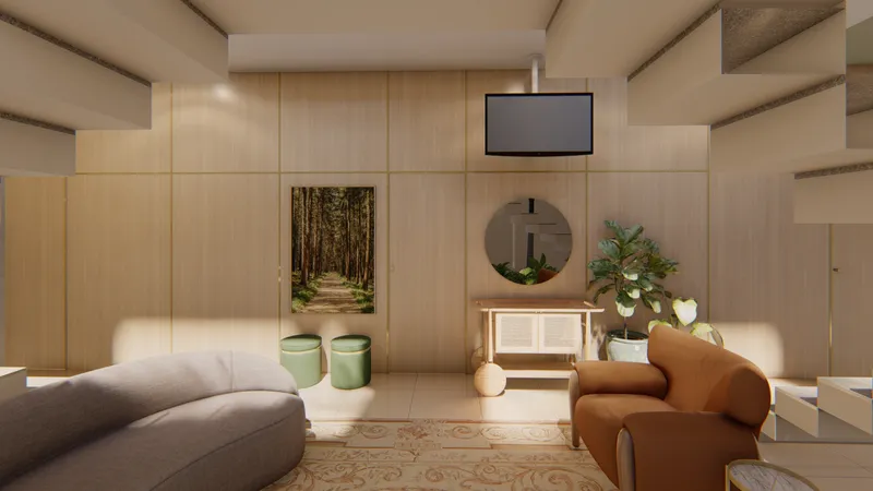 Sala de espera de clínica de estética com painel ripado e decoração natural - design de interiores comercial Melissa Colenghi