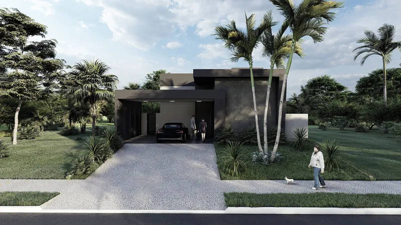 Fachada de casa térrea moderna com revestimento escuro e paisagismo tropical - projeto arquitetônico Melissa Colenghi