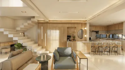 Ambiente de estar integrado com projeto de interiores personalizado