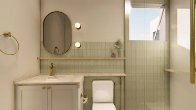 Projeto de banheiro moderno com revestimentos elegantes - Arquiteta Melissa