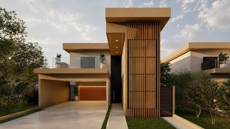 Fachada de residência moderna de dois pavimentos com brise de madeira - projeto arquitetônico em Ribeirão Preto por Melissa Colenghi
